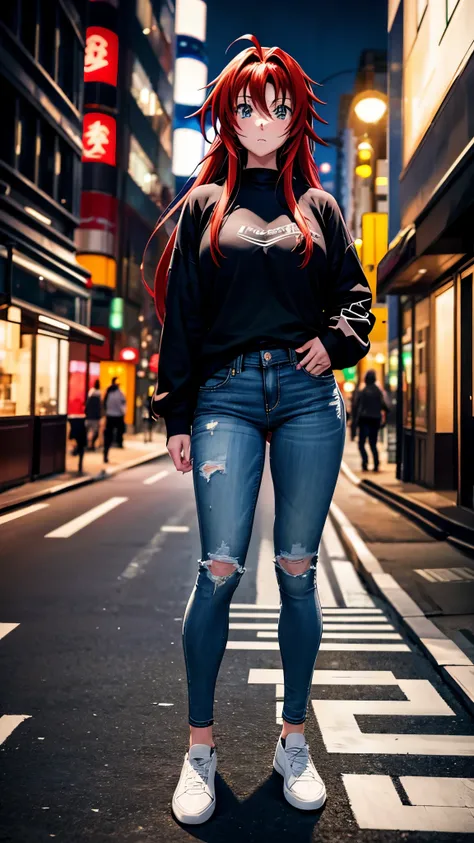 Rias gremory, Ahoge, Oversized black sweatshirt, jeans, White sneakers, full body, Posing in the photo, Detailed, Beautiful eyes, High quality, Masterpiece , Tokyo on the street at night background