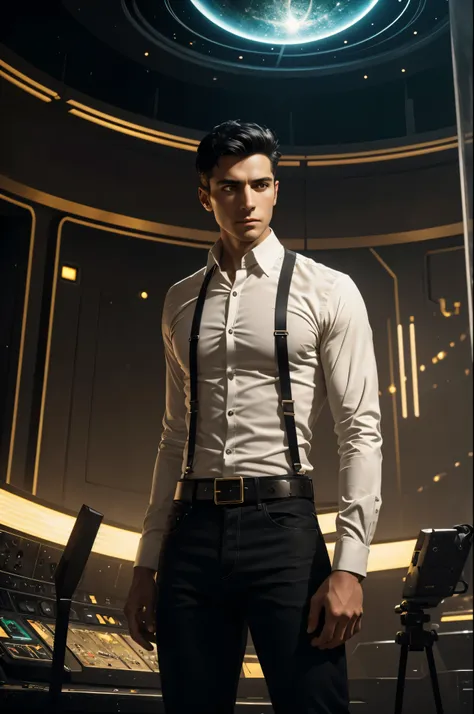 A 29-year-old man with short black hair in a fade, forest green eyes, stands facing the camera at the center of the image. He wears a white satin shirt with the collar buttons undone, paired with tight-fitting black skinny jeans and a shiny silver belt. Hi...