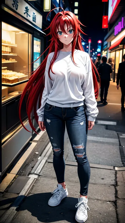 Rias gremory, Ahoge, Oversized black sweatshirt, jeans, White sneakers, full body, Posing in the photo, Detailed, Beautiful eyes, High quality, Masterpiece , Tokyo on the street at night background