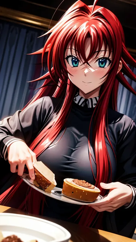 Rias gremory, Ahoge, Oversized black sweatshirt, Posing in the photo, Detailed, Beautiful eyes, Detailed eyes, High quality, Masterpiece, In a rich hotel on the top floor at night Background