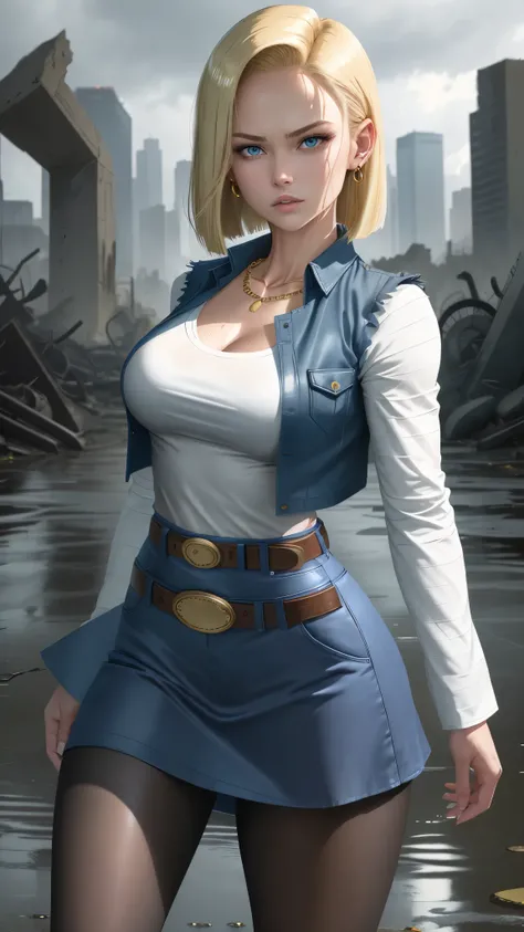 best quality, high-res, and18, 1girl, android 18, solo, blonde hair, blue eyes, belt, tight blue demin skirt, gold necklace, black shirt, short hair, long sleeves, striped sleeves, earrings, open vest, blue denim vest, large breasts, cowboy shot, city park...