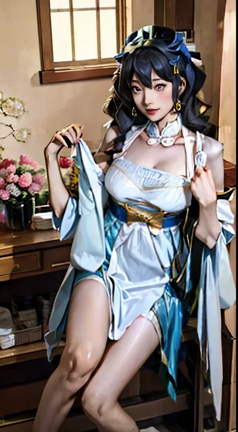 Beautiful young Japanese mother wearing housewife clothes wearing an open-chested dress on the stairs is seduced by an old grandfather at home while he is drying clothes DC comics style, hyper HD, 24K Ultra HD