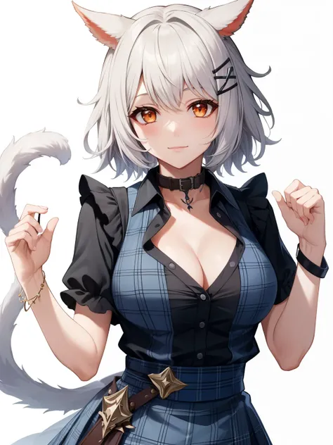 (masterpiece, best quality), final fantasy xiv, miqote, 1girl, solo, white hair, short hair, messy hair, orange eyes, cat ears, pale skin, breasts, black buttoned shirt, (cleavage:0.7), collar, blue plaid skirt, bracelets, lower hands, hairclips, light smi...