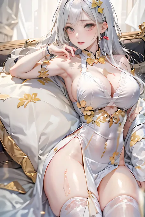 ((SuperiorQuality、8K、master piece: 1.5))、Pubic area clear: 1.2、perfect physical beauty: 1.4、big chest、bright white hair、gold cutout cheongsam dress、wet skin、chest is light and bare、areola is visible、clear liquid splashes on body、sleep in bed、film texture、