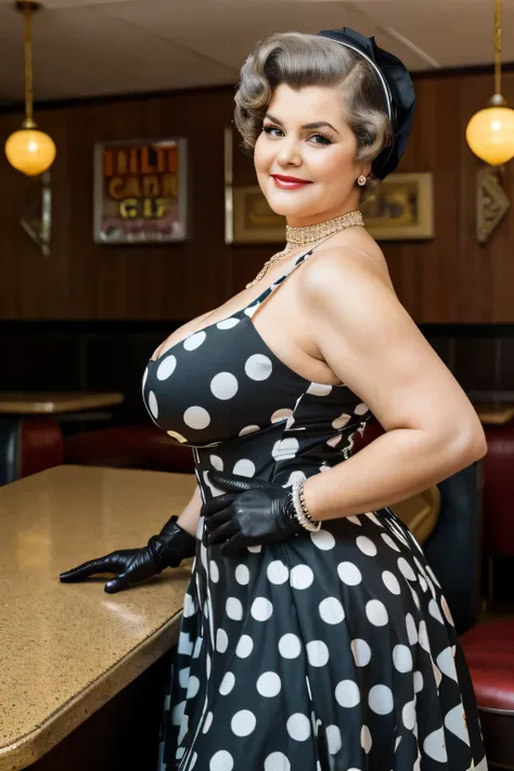 fat fashion, a beautiful old lady, 80 years old, curvy body, (wearing a vintage short formal dresses with polka dots), wearing long glove, realistic, chubby, intricate, hyper realistic, 8k, intricately detailed, cinematic, stunning realistic photography, p...