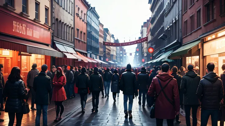 street full of people, night, red colors