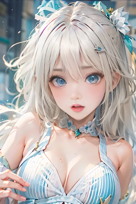 1 female、blonde、18-year-old、((anxious look))、beautiful breasts、(((Sexy magical girl white and blue high leg bodysuit)))(())(((blushing cheeks、surprised expression))、 ((()))、((( portlate)))、blue eyes、(((I have bangs arranged)))()street、crowd girl hair ornam...