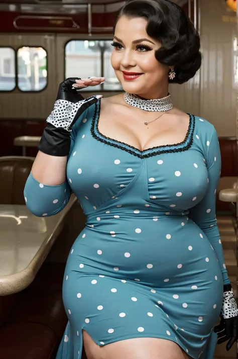 fat fashion, a beautiful old lady, 80 years old, curvy body, (wearing a vintage short formal dresses with polka dots), wearing long glove, realistic, chubby, intricate, hyper realistic, 8k, intricately detailed, cinematic, stunning realistic photography, p...