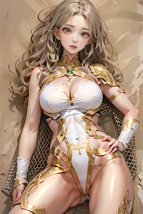 on the beach、Beautiful full-body woman、muscular、perfect body、((take a step back))、wide neckline、afro blonde hair、seductive pose、Stand on the sand、wear gold jewelry、Highly detailed face and skin texture、 、Face thinning、juicy lips、lips、big and swollen、super ...