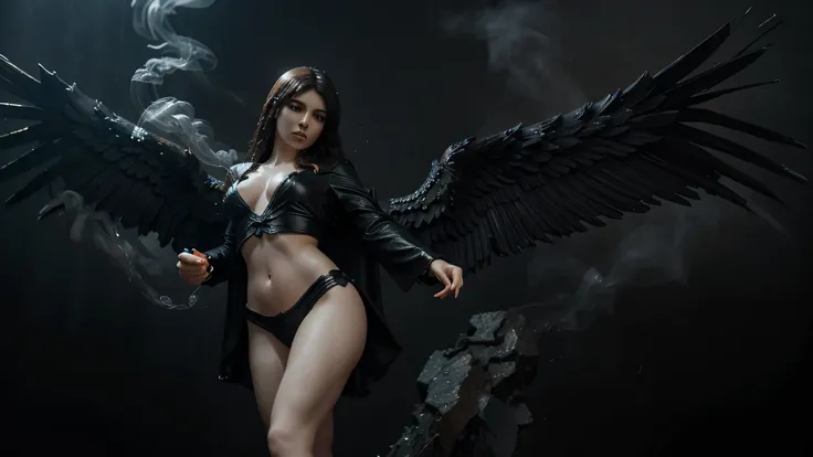 ultra-realistic angelic figure: angel with black wings spread triumphantly, a gloomy, dark smoke setting
