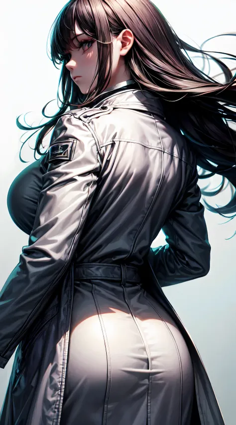 (best quality:1.5, highres, UHD, 4K, detailed lighting, shaders), white wavy hair, large breasts , woman jacket, long coat, (pov), from the back, white background