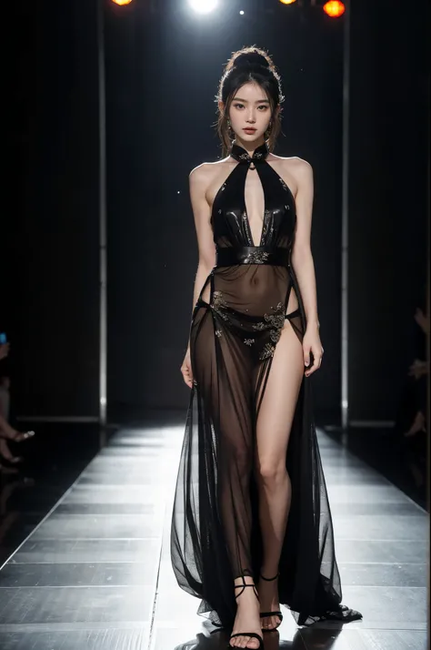 a woman in a black dress is walking down a runway, sexy gown, translucent dress, opened dress, see through dress, glamorous runway model, gorgeous chinese model, fantasy long intricate gown, cheongsam, sexy look, on the runway, fashion runway, revealing st...