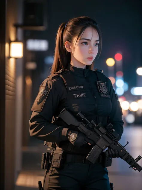 ((best quality)), ((masterpiece)), (detailed), beautiful lighting, best quality, realistic, full body portrait, real picture, intricate details, depth of field, 1girl, A very muscular solider girl with long haircut, around 20 years old wearing a black unif...