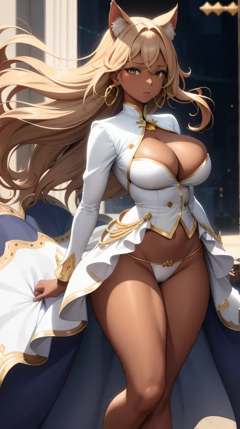 (best quality:1.5, highres, UHD, 4K, detailed lighting, shaders), brown wavy hair, gradient hair, cat ears, large breasts, large butt, big thighs, mature woman, woman stretch jersey, small skirt, white panties, white skirt, (pov), full body, white backgrou...