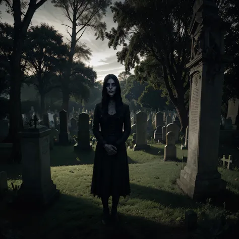 a very old cemetery, an otherworldly presence, horror movie-inspired, supernatural beings lurking in the shadows, a sense of the paranormal, an unsettling tranquility, a moment frozen in time, darkness and light intertwining, a haunted tale waiting to unfo...