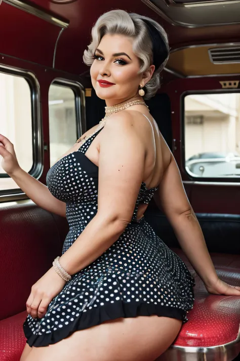 fat fashion, a beautiful old lady, 80 years old, curvy body, (wearing a vintage short formal dresses with polka dots), wearing long glove, realistic, chubby, intricate, hyper realistic, 8k, intricately detailed, cinematic, stunning realistic photography, p...