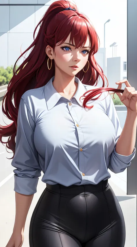 (best quality:1.5, highres, uhd, 4k, detailed lighting, shaders), red wavy haired, gradient hair, panter eyes, large breasts, su...