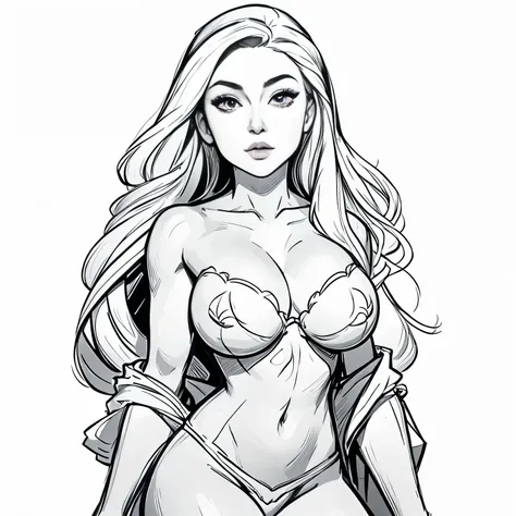 Coloring book for adults. Only black and white. low detail only main line. beautiful sensual nude and erotic woman with massive breasts. The breasts are not covered by anything. white background. white colors. full body view of blonde woman. (Ultra detaile...