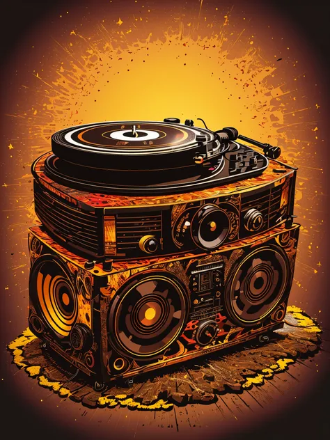  ultra-detailed,(realistic,vector:1.37),illustration  dj caveman playing vinyl turntable, stand in front of vinyl console set ,ultra detailed illustration , grunge design , rustic art, bokeh, digital painting, soft lighting, stone age, rock art aesthetic, ...