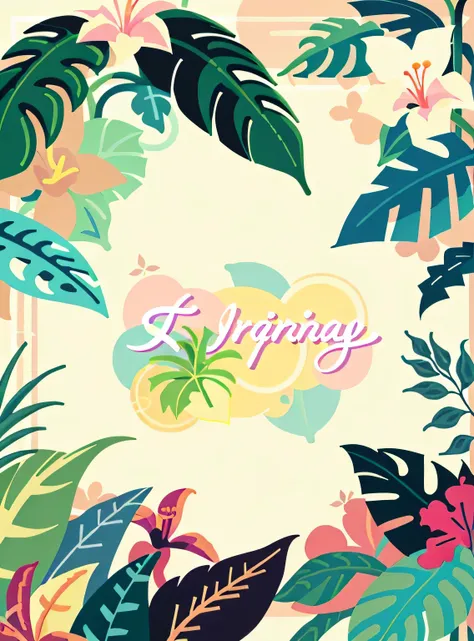 Estampa Flora，Bege suave，rosa pastel，plantas tropicais,flat illustration，GUI，maximalismo，esquema de cores brilhantes