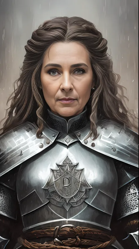 Birds Eye View detailed ((dnd knight middle aged woman portrait)), happy, HD, Stunning, Character, (((Looking Sideways))), angular features, (darkbrown Braids Hair), (muted natural colors:1.3) in the background a castle, dark sky, raining, in painterly sty...