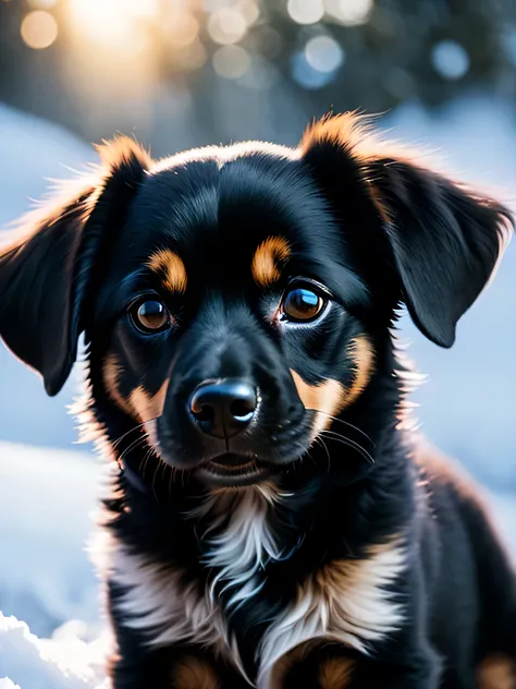 Close-up of a very cute black puppy on the snow, soft volumetric light, (backlight: 1.3), (movie: 1.2), intricate details, (ArtStation: 1.3), Rutkowski