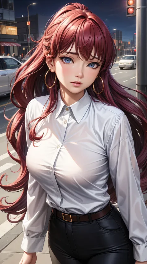 (best quality:1.5, highres, UHD, 4K, detailed lighting, shaders), red wavy haired, gradient hair, panter eyes, large breasts, suit, gray shirt, social shirt, social long pants, mature woman , (pov), white background, colorful eyeshadow, dramatic lighting, ...