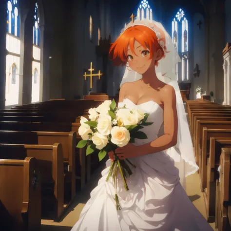 Edward, walking down a church, smiling, white wedding dress, holding bouquet of flowers, (((church background))) orange hair,tan skin, goggles, brown eyes, cleavage, small breasts, (insanely detailed, beautiful detailed face, masterpiece, best quality),