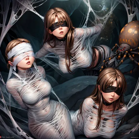 1girl,Spider weaves a net on a girl, very realistic, very detailed,bed,stretched, dark cave, struggle in the net,brown haired, very long sheer skirt,lying down,(blindfold:1.4),(ballgag:1.4)