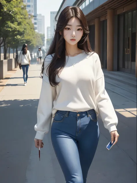 (my chest is very big）, （very stylish）, （very long legs）, （I have long hair）, gorgeous young korean woman, beautiful young korean woman, Young and adorable Korean face, Nam Jae Young,((Walking around the university with a notebook)), University Canvas、whit...