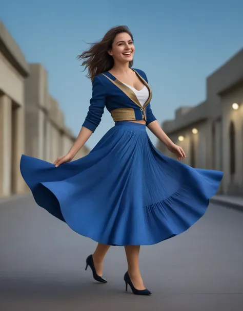 Full body photo of A smiling, authentic, (shy:1,3), kind, beautiful woman, is passionately in love with her skirt, dancing sensually while wind lifts her skirt all around, wearing short blazer and very detailed (long (fully pleated) full circle skirt) and ...