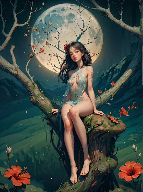 (realistic: 1.3) (original: 1.2), masterpiece, best quality, ((hibiscus flower blooming on a gnarled branch on a gray background)), fractal mandala background, poetic intimacy. colorful, beautiful naked forest goddess, expressive eyes, perfect face, highly...
