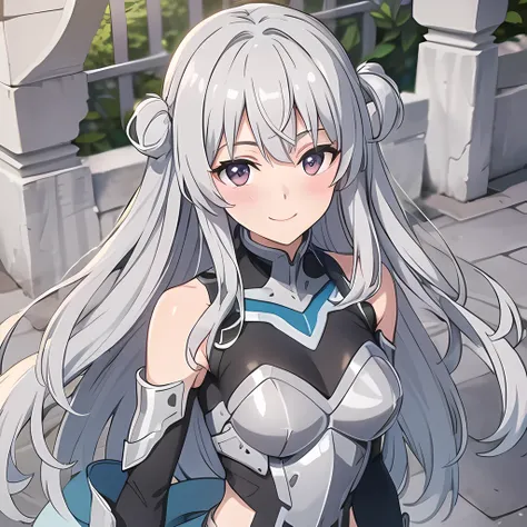 long silver hair, (detailed silver eyes), looking at viewer, cute, blush, smile, closed mouth, black and silver armor suit, castle in the background, masterpiece, high resolution, best quality