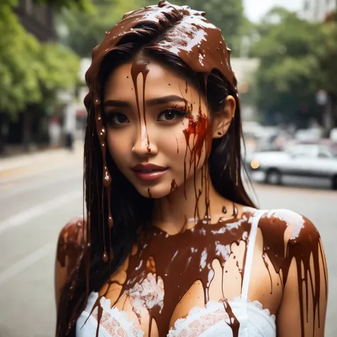 Film photograph, (photorealistic: 1.2), portrait photograph, (Brenda Song: 1.1), beautiful details, detailed eyes, detailed face, intricate details, extreme realism, 8k, HD, mascara, winged eyeliner, lipstick, cleavage, chocolate, chocolate syrup on chest,...