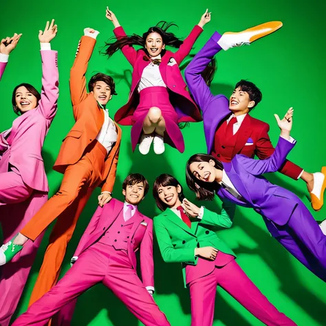 red、green、orange、green、purple、Mint green、Seven people, each wearing a pink suit, are jumping out of the picture frame.