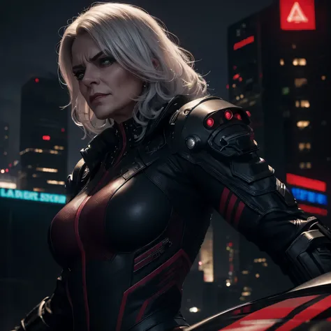 Realistic portrait image of a muscular and strong 50 years old adult woman with white curly hair wearing a crimson black suit with an evil and malicious expression preparing to kill in a cyberpunk city at night, cidade macabra, cidade cyberpunk noturna sob...