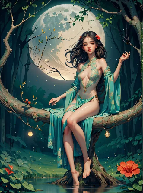 (realistic: 1.3) (original: 1.2), masterpiece, best quality, ((hibiscus flower blooming on a gnarled branch on a gray background)), fractal mandala background, poetic intimacy. colorful, beautiful naked forest goddess, expressive eyes, perfect face, highly...