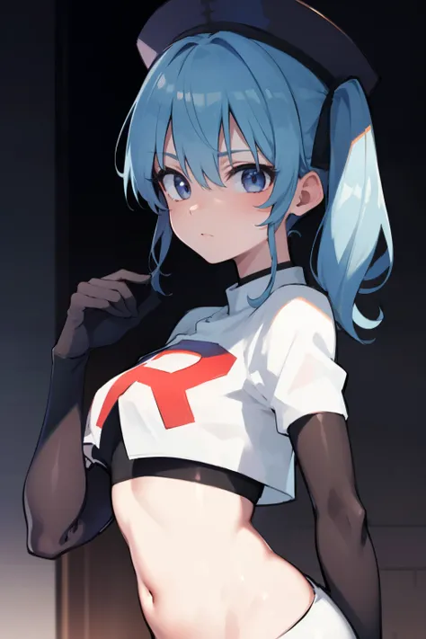 hoshimachisuisei, suisei hoshimachi, blue eyes, blue hair, choker, hair between eyes, medium hair, side ponytail,
BREAK  beret, grey headwear, hat,jewelry, team rocket,team rocket uniform, red letter R, white skirt,white crop top,black thigh-highs,black el...