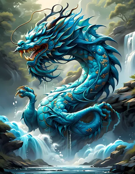 Chinese dragon above waterfall, wallpaper design, Natural landscape, A symbol of power and majesty in Chinese culture, Cascading waterfalls as background. dark blue and turquoise, create a mysterious, dream aesthetics. A fusion of realism and Chinese punk ...