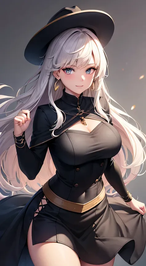 (best quality:1.5, highres, UHD, 4K, detailed lighting, shaders), white wavy hair, gradient hair, large breasts, black shirt, skirt jeans, mature woman , black Witcher hat, (pov), white background, colorful red eyeshadow, dramatic lighting, smile eyepressi...