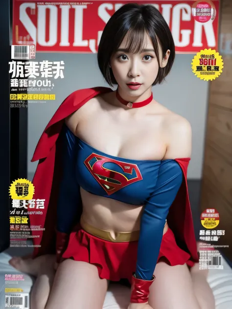 masterpiece、supergirl costume、short hair、barefoot, big and full breasts、test subject、operating room、operating table、straddle、sweating、shiny、look at the camera、sense of abuse、Estrus、choker、Weekly magazine cover、long sleeve、red mini skirt、obscene pose、Seduce...