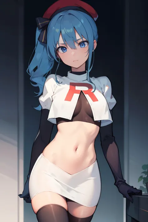 hoshimachisuisei, suisei hoshimachi, blue eyes, blue hair, choker, hair between eyes, medium hair, side ponytail,
BREAK  beret, grey headwear, hat,jewelry, team rocket,team rocket uniform, red letter R, white skirt,white crop top,black thigh-highs,black el...