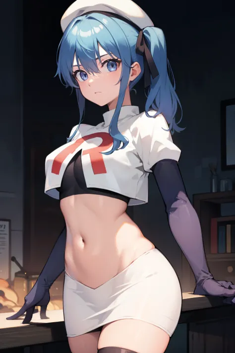 hoshimachisuisei, suisei hoshimachi, blue eyes, blue hair, choker, hair between eyes, medium hair, side ponytail,
BREAK  beret, grey headwear, hat,jewelry, team rocket,team rocket uniform, red letter R, white skirt,white crop top,black thigh-highs,black el...