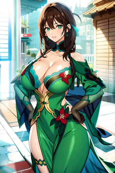 dark brown hair, cyan colored dress, green eyes, gigantic breasts, cleavage, bare legs