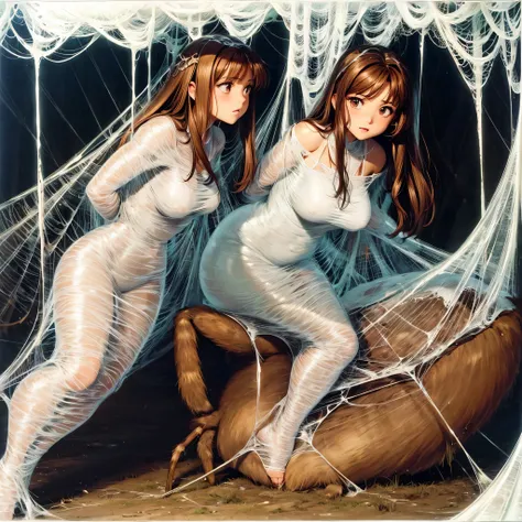 1girl,Spider weaving a net on the girl,réalism:1.2,ultra-detailed,bedroom setting,stretched pose,struggling in the net,brown haired,very long sheer skirt,oaken floor,soft sunlight,delicate spider silk,lace curtains,bedside table,decorative pillows, spider ...