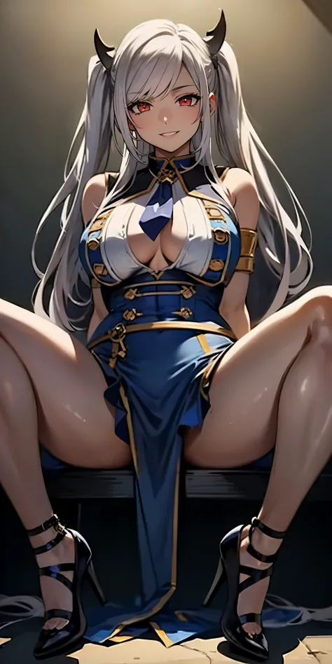 silver hair, twintail, bow, red eyes, a woman in a blue dress sitting on a bench with a ball, thicc, 8k high quality detailed art, seductive anime girl, trending on cgstation, pixiv 3dcg, deviantart artstation cgscosiety, cutesexyrobutts, wlop art, in styl...