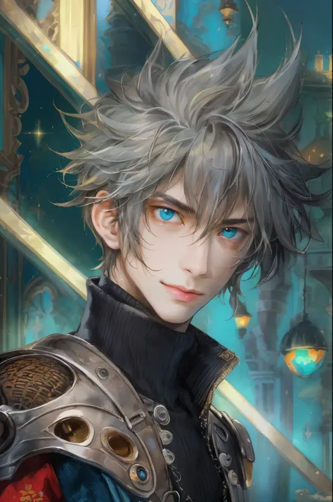 ((absurdres, highres, ultra detailed, perfect face), 1 boy , front view, young boy, handsome boy villain character from Final Fantasy VII, short hair, anime eyes, celestial clothes with colorful details,  eyes on the viewer, add red details to picture and ...