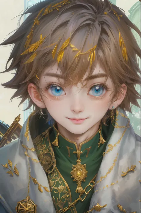 ((absurdres, highres, ultra detailed, perfect face), 1 boy , front view, young boy, handsome boy villain character from Brigandine, short hair, anime eyes, celestial clothes with colorful details,  eyes on the viewer, add red details to picture and smirk, ...