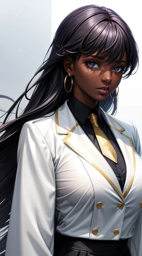 (best quality:1.5, highres, UHD, 4K, detailed lighting, shaders), black floral haired, gradient hair, large breasts, white suit, gray shirt, white social shirt, ehite short skirt, mature woman , (pov), white background, colorful eyeshadow, dramatic lightin...