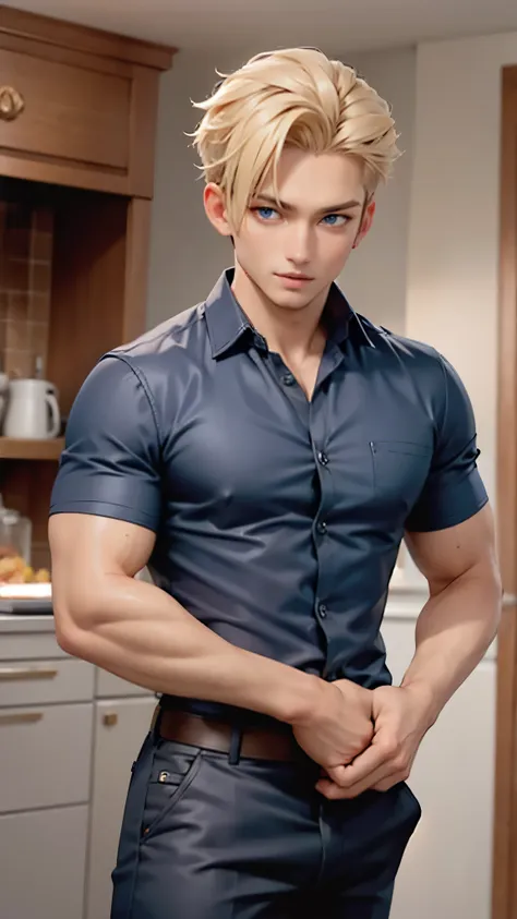 handsome 21 years old man, blond hair, blue eyes, muscular, wears blue open chest shirt and black dress pants